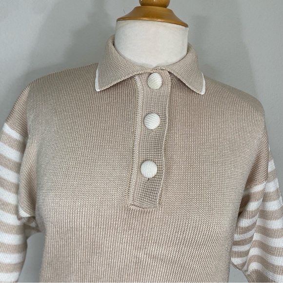 Vintage FIA Italia Handloom Women's Tan White Stripe Knit Sweater Size Medium - Picture 6 of 12